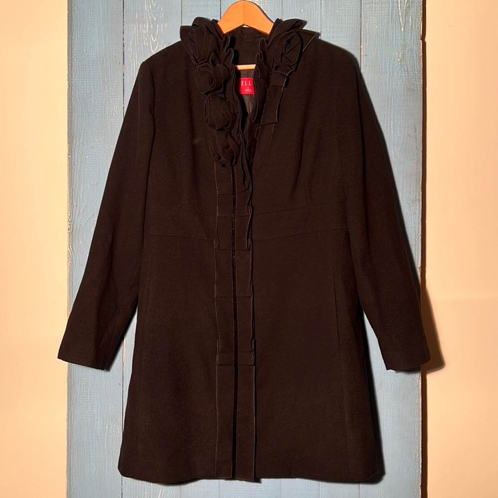 Elle Black Floral Collar Ruffle Dress Coat Fully Lined Classic Peacoat Size L